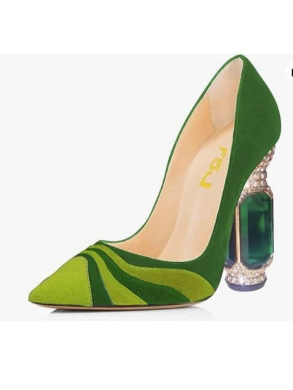 FSJ Women Bridal Pointed Toe Chunky Block High Heel Crystal Pumps Green-rainbow